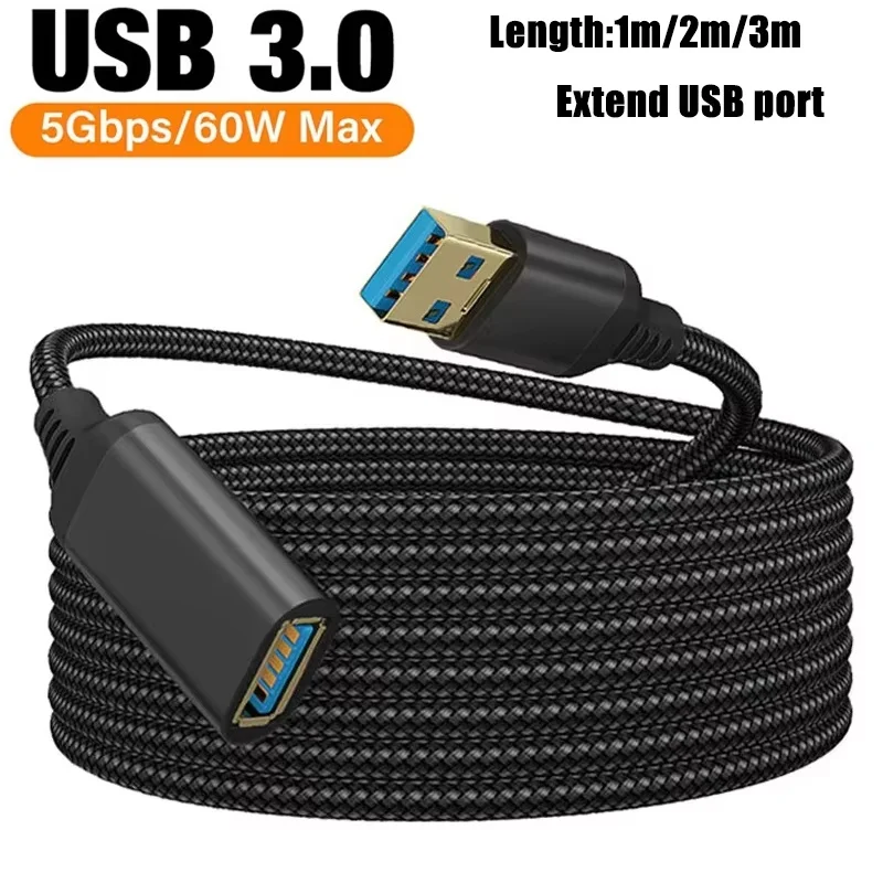 High-Speed Nylon Braided USB 3.0 Extension Cable - Male to Female Data Transfer