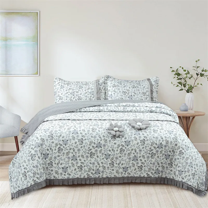 

3pcs Cotton Quilt Bedspread Set Queen Size Ruffles Summer Comforter Blanket Double Bed Quilt Coverlet Home Bed Cover Bedding Set