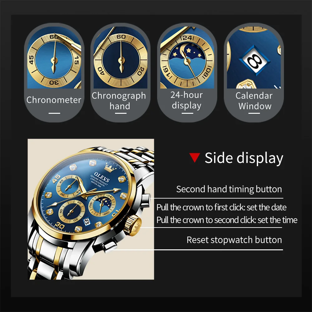 OLEVS Men's Watch Luxury Stainless Steel Luminous Waterproof Chronograph Moon Phase Wristwatch Quartz Watch for Men Reloj Hombre