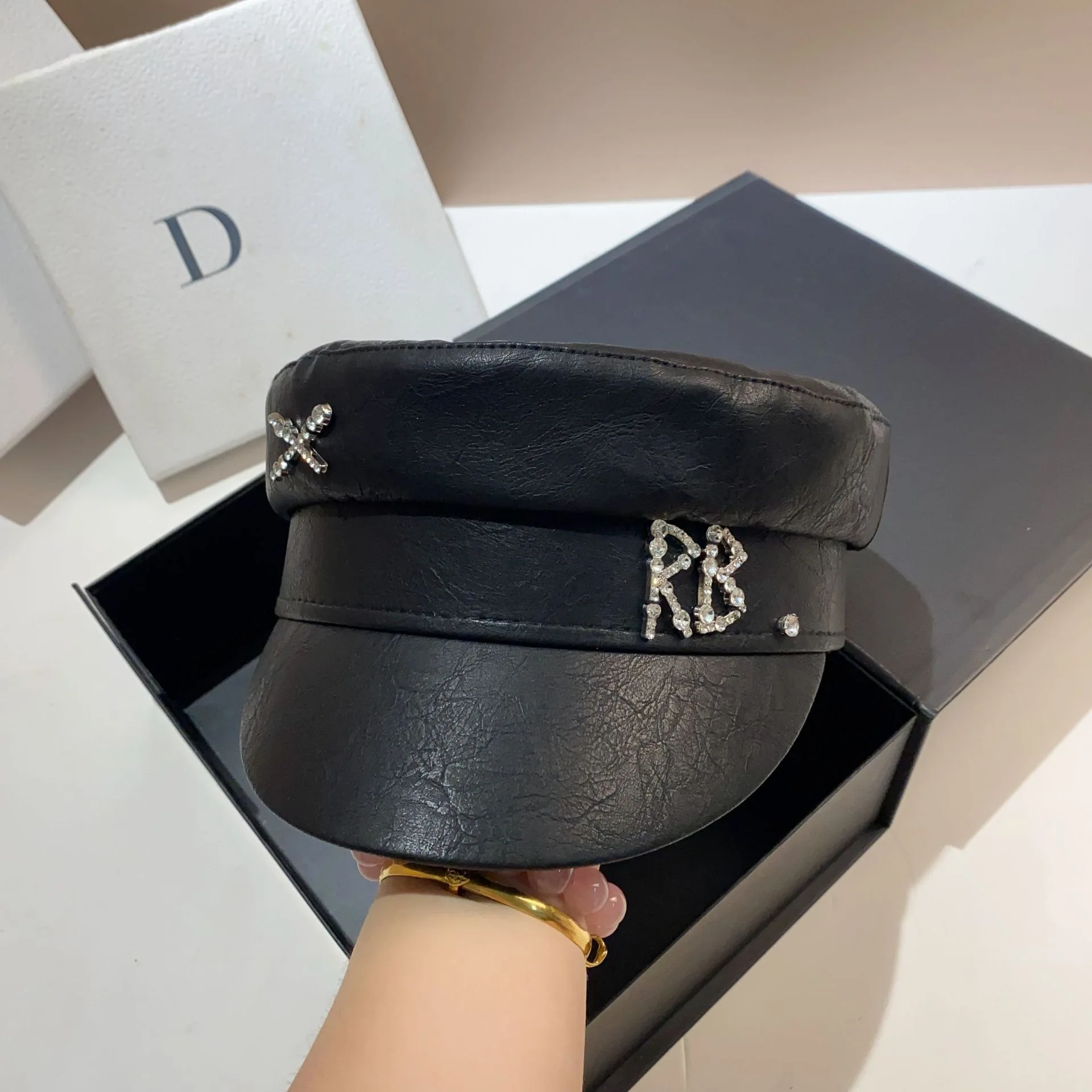 PU Leather Diamond RB Letter Newsboy Caps Women Flat Military Hat Lady Beret Gorras Mujer Streetwear women hats,women military hat