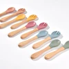 Food Grade Silicone Baby Utensils Wooden Handle Fork&Spoon For Children Eating Training Spoon For Complementary Food Tableware 1