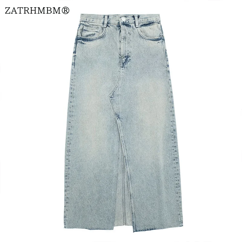 

ZATRHMBM Women 2023 Spring Fashion Split Denim Midi Skirt Vintage Side Pockets Zip Fly High-Waisted Female Skirts Mujer