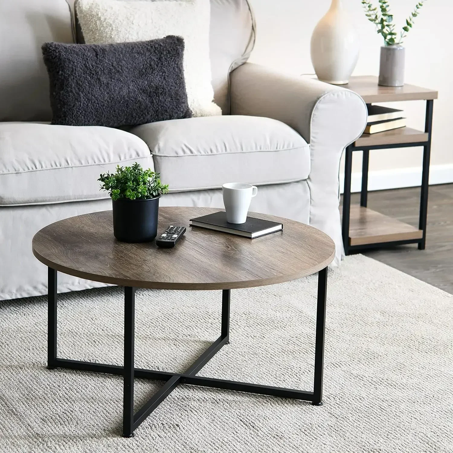 Jamestown Round Coffee Table Ashwood Rustic Wood Grain and Black Metal 31.5 x 31.5, Taupe 5