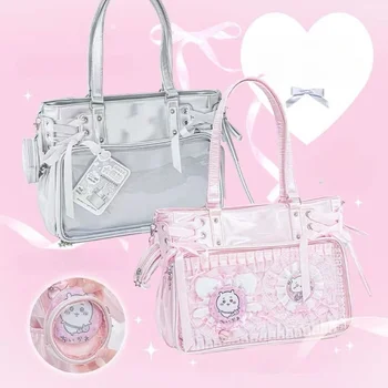 Borse a tracolla con fiocco dolce e carino Borsa da donna orizzontale trasparente di grande capacità Anime Ita Borsa da donna Harajuku tinta unita Chic