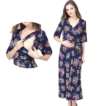 Floral V-Neck Maternity Nursing Dress Long Half Sleeve Loose Fit for Pregnant Breastfeeding Women Outdoor Wear Postpartum