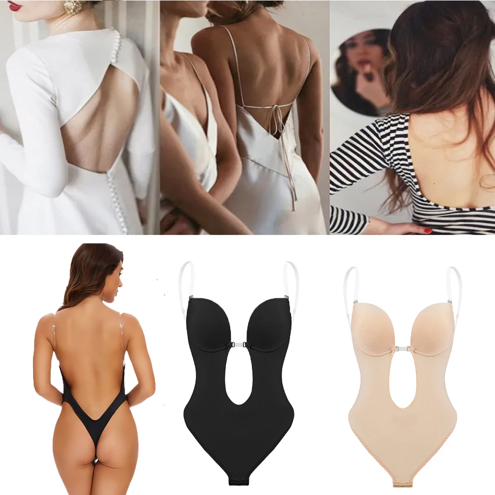 Women Thong Shapewear Bodysuit Shapers Underwear Backless Bodysuit Deep V-Neck Thong Body Shaper Bodysuit