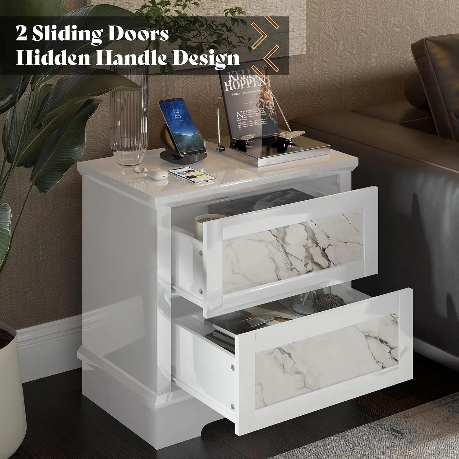 Luxury Natural Marble Nightstand Set of 2 with Drawers, High Gloss Side Tables in Living Room, Storage End Table