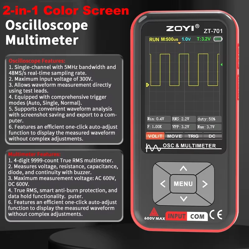 ZOYI ZT701 2in1 Digital Oscilloscope Multimeter 5MHz Bandwidth 48MSa/s Rate PC Waveform Data Storage Portable Signal Generator digital oscilloscope signal generator