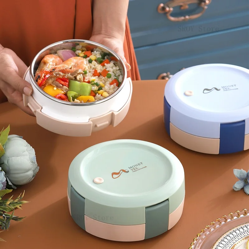 

Stainless Steel Round Lunch Box Single Layer Bento Box With Fork Spoon Cute Student Lunch Boxes Healthy Food Storage Containers