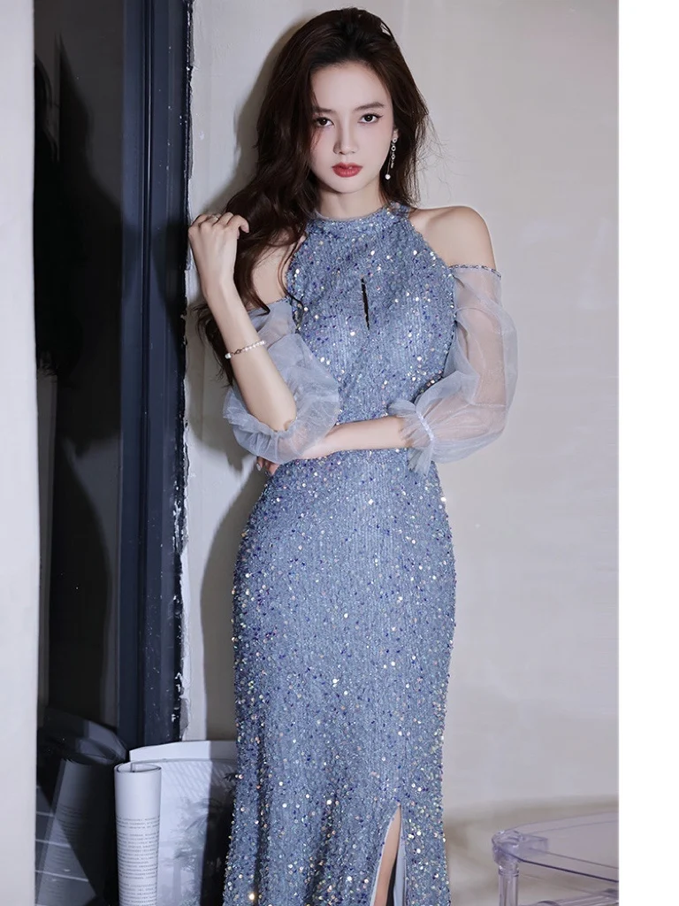 

Halter Blue Evening Dresses Sequins Side Split Shiny Half Sleeve Floor Length Sexy Mermaid Plus Size Woman Party Prom Gowns Ne