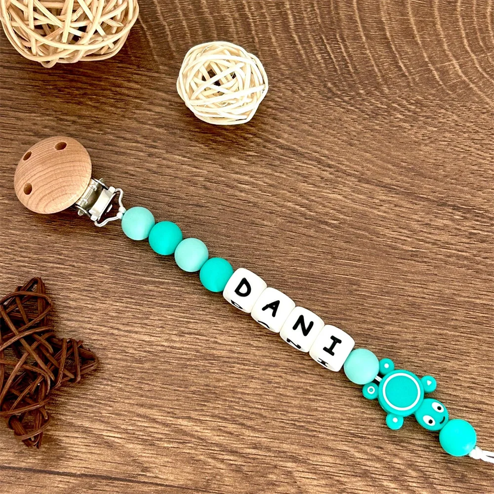 Personalized Name Pacifier Chain with Colorful Beads, Animal Charms & Wooden Clips