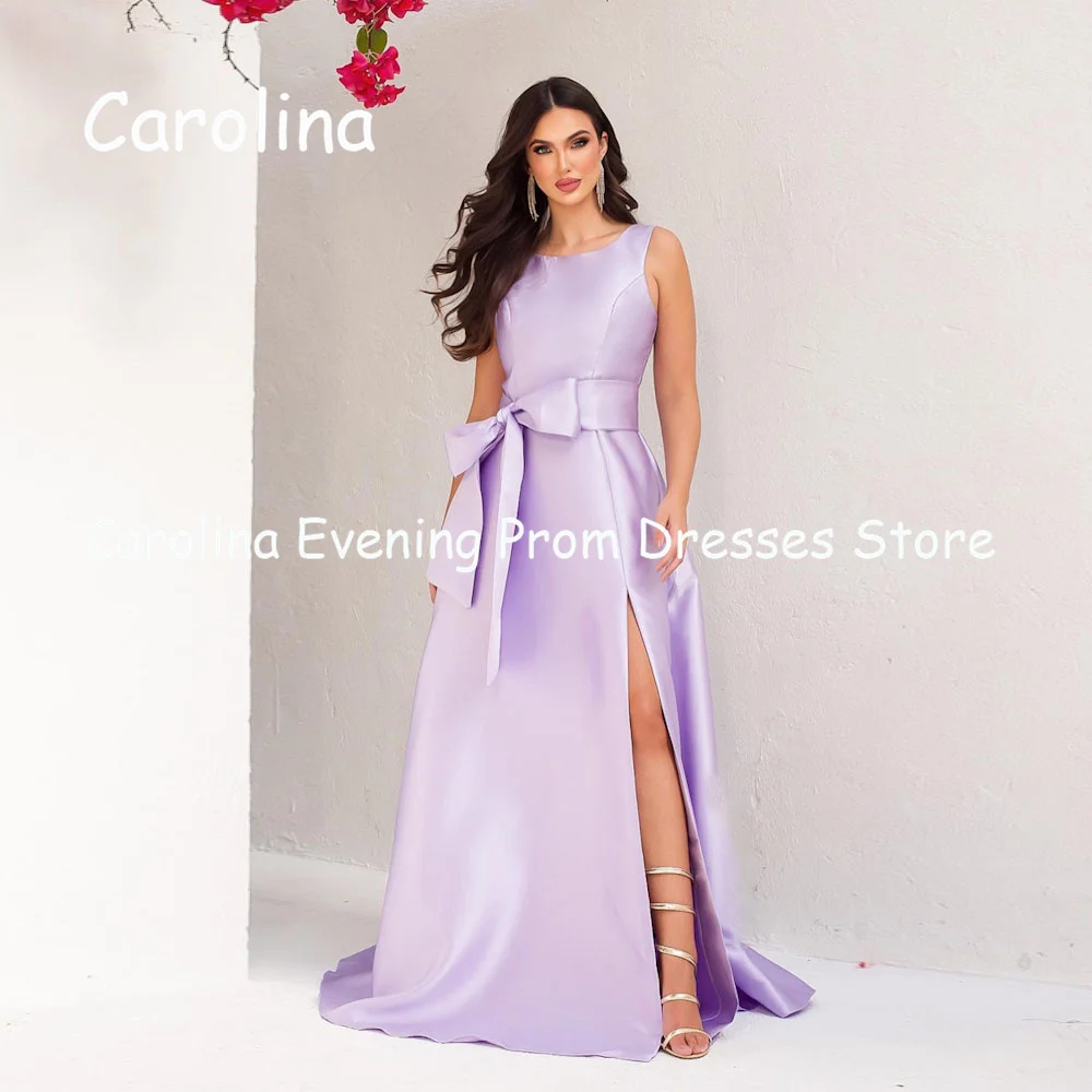 

Carolina Satin A-line O-neck Bow Ruffle Arab Prom Gown Floor Length Saudi Evening Formal Elegant Party Dress for Women 2023