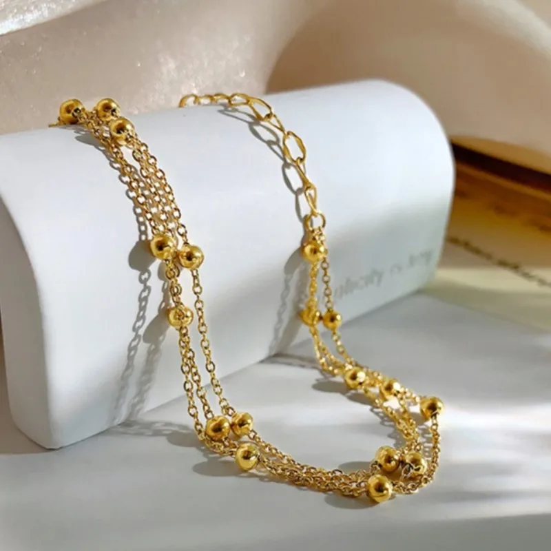 Multi-Layer Golden Small Ball Bracelet for Women Elegant Waterproff Stainless Steel Statement Chain Party Jewelry Gifts