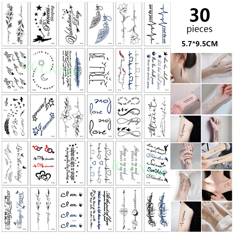 

30 Pcs Waterproof Temporary Tattoo Sticker set Be Free Love Feather Wings Flower Flash Tatoo Fake Tatto for Men Women