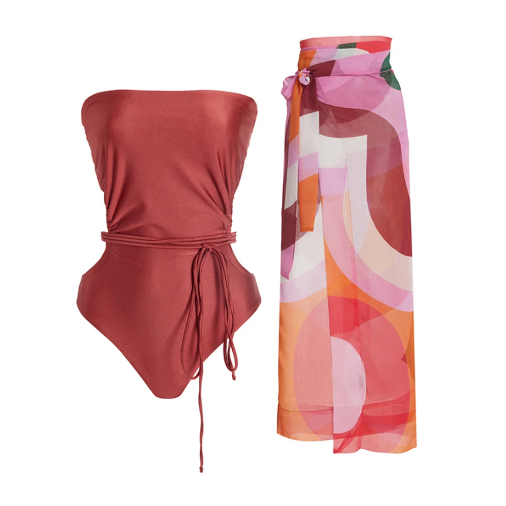

Female Retro Swimsuit Solid One Piece Swimwear Deep Red Sleeveless Holiday Beachwear Designer Bathing Suit Summer Surf Wear