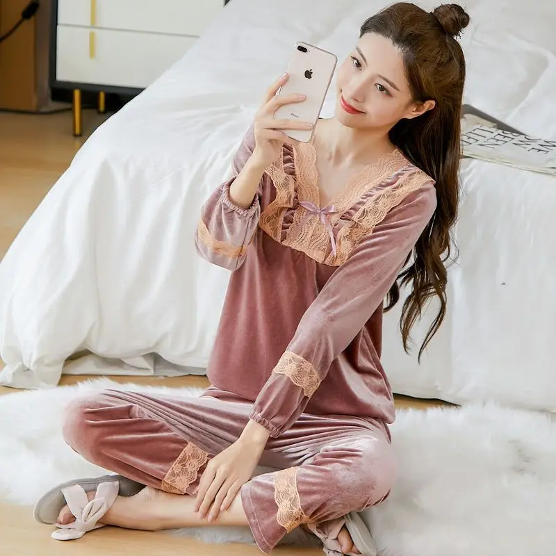 Velvet Pajama Sets Women Flower Lace Kawaii Clothes Long Sleeve Sleepwear Pajama Pant Korean Homewear Spring Autumn 2 Piece Suit