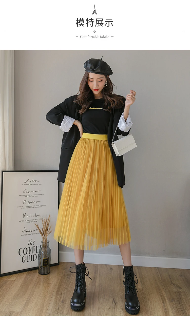 tennis skirt Women Pleated Mesh Mid Length Skirt Summer Elastic High Waist Fashion Solid Korean Casual Party A-Line Tulle Skirts Female 2022 white denim skirt