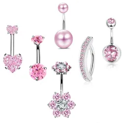 Pink Flower & Blue Crystal Belly Button Ring Set - Heart Navel Barbell Jewelry Collection (6PCS PinkA)