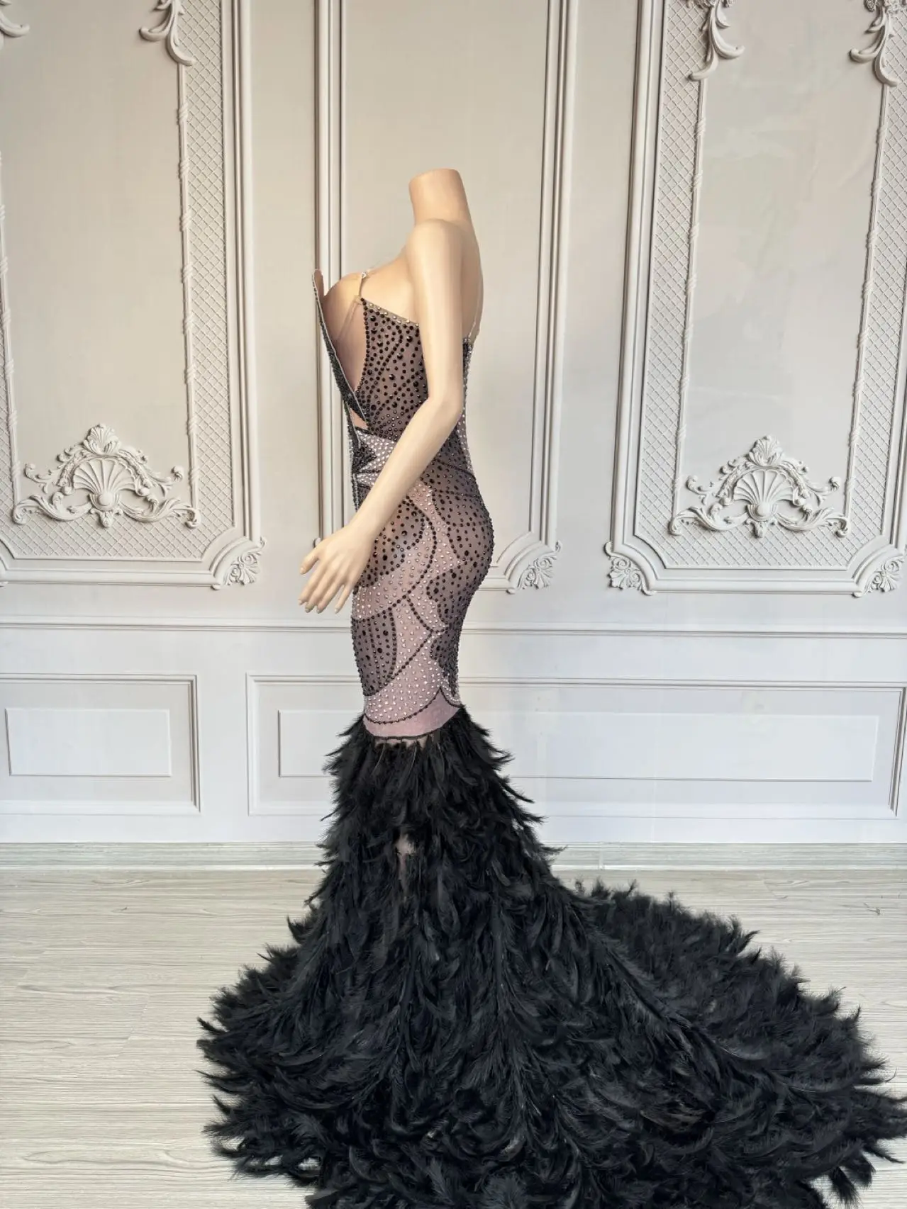 Luxury Women Feather Evening Dress Sparkly Sexy Prom Couture