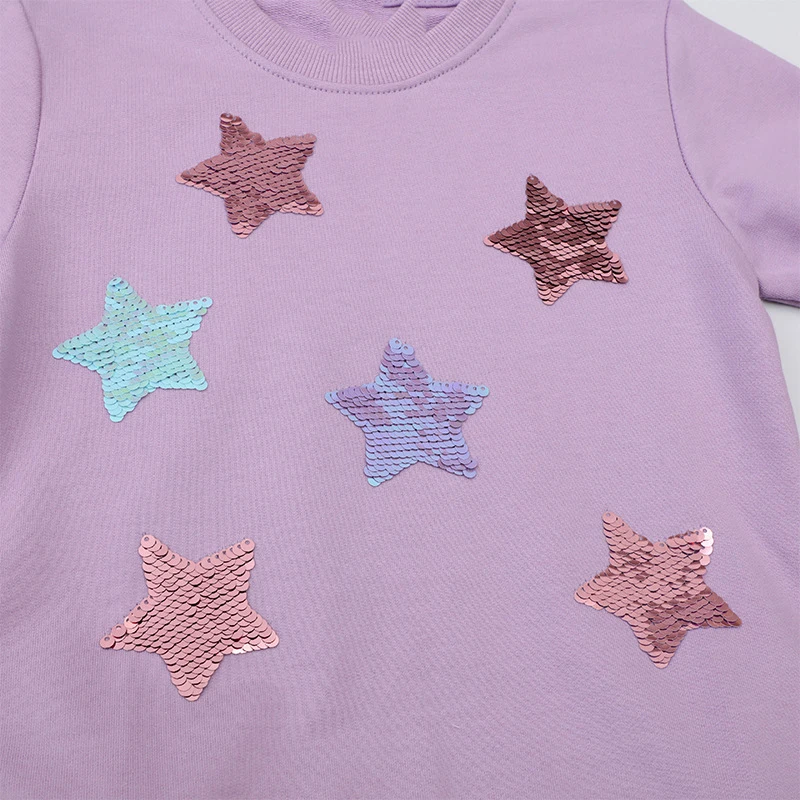 2-7t Autumn Girls Princess Dress Long Sleeves Cartoon Purple Sequin Stars Mesh Dress Cotton Spring Casual Clothes