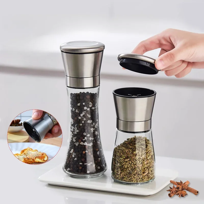 Pepper Grinder 2-in-1 Cooking Seasoning Grinding Storage Bottle Stainless Steel 2-Layer Adjustable Compartment