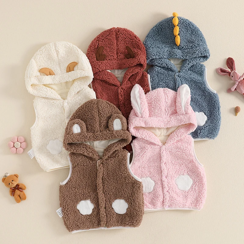 0-36months Baby Boys Girls Vest Faux Sherpa Fleece Cartoon Animal Shaped Hooded Waistcoat Fall Winter Sleeveless Coat