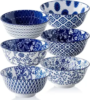 6‑Piece Ceramic Soup Bowls Set – 24 oz Deep Bowls for Cereal, Pasta & Salad, Vintage Blue 1