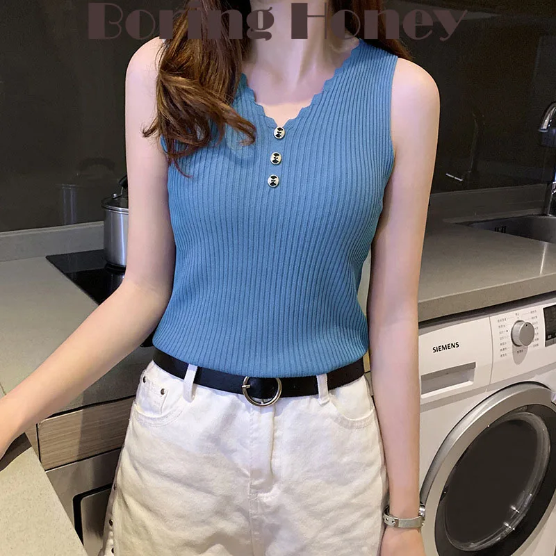

Boring Honey Fashion Women Blouses Puer Colours V-Neck Crop Tops Loose And Comfortable Ice Silk Sleeveless Base Shirt Tank Top