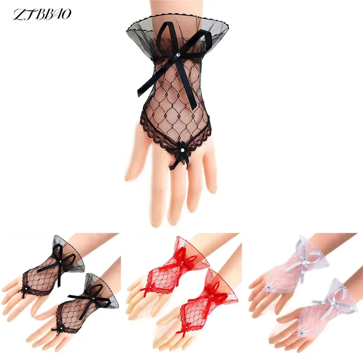 

1Pair Vintage Soft Solid Color Lace Fingerless White Gloves Beautiful See Through Bowknot Bride Party Gloves Short Gloves