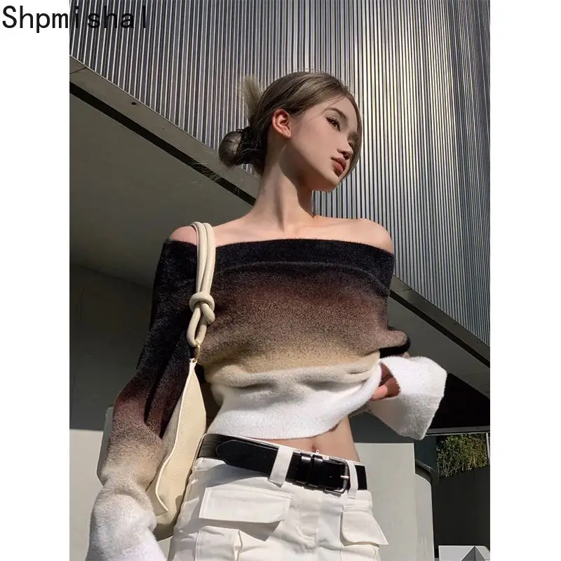 

Shpmishal Gradient Off Shoulder Sweater Pullover Premium Women's Autumn New Loose Lazy Sexy Pullover Slim Top Female Clothing