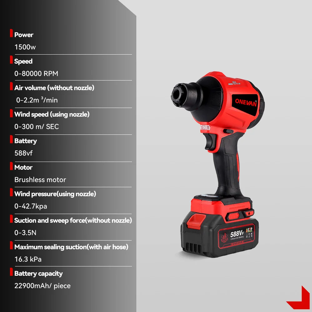 ONEVAN 브러시리스 블로워 1500W 다기능 인플레이터 진공 무선 먼지 블로워 먼지 청소 도구 마키타 18V 배터리 핀용