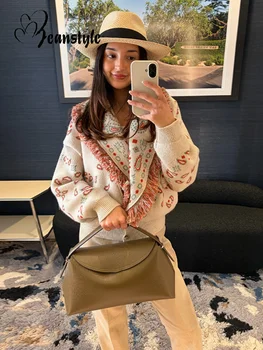 Casual Printed Tassel Knit Coats Women Full Sleeve V-neck Patchwork Short Knitted Sweaters Female 2026 Spring Lady Outwears 1