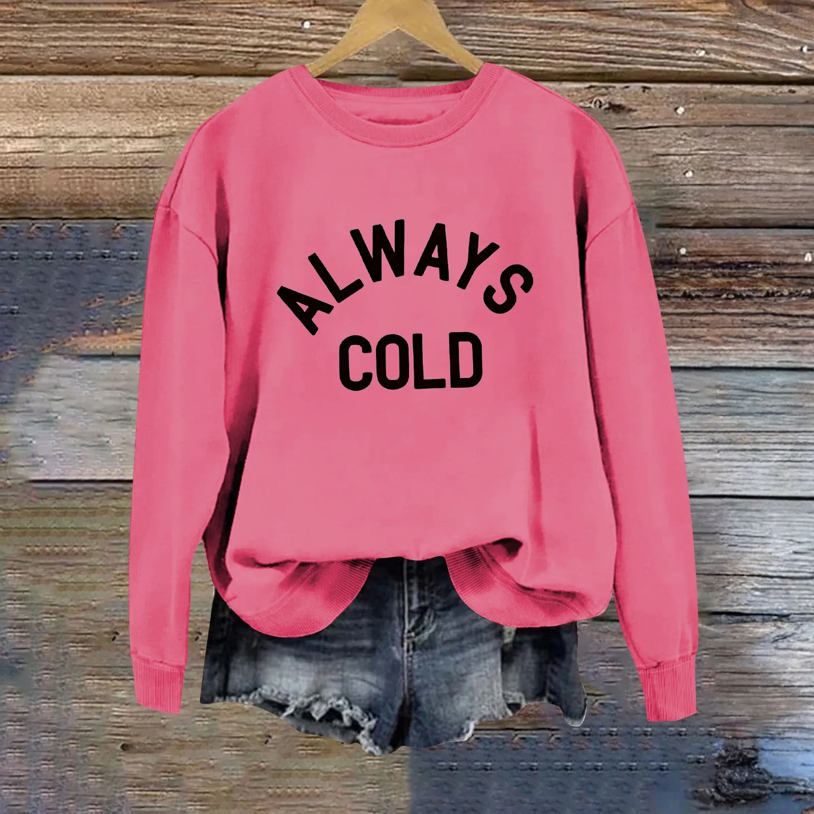 Women's ALWAYS COLD Letter Casual Loose Round Neck Long Sleeve Hoodless Sweatshirt Crop Sweater Women Jacket Active Wear Women