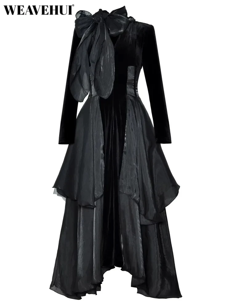 WEAVEHUI Velvet Patchwork Maxi Dress For Women Scarf V-Neck Long Sleeve Ruffles Vintage Party Dresses Fashion Spring Female
