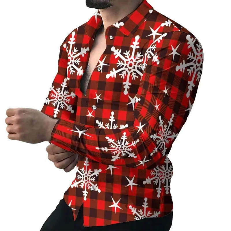 2023 Christmas Snowflake Men's Shirt Lapel Button Long Sleeve Red Santa Claus Plaid Square HD Pattern Comfortable Soft T-Shirt 50pcs laser butterfly photo card sleeve snowflake pattern kpop packaging supplies idol photo cards protective storage case