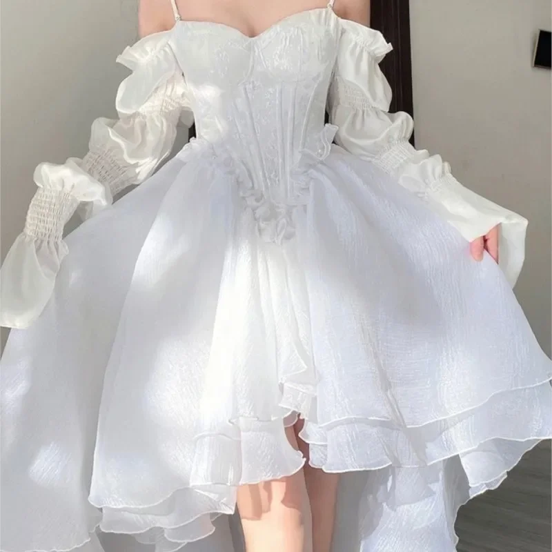 

Wedding Party Porm Dress Spring Elegant White Off Shoulder Fairy Dress Chic Princess Puff Dress Mesh Puff Dress
