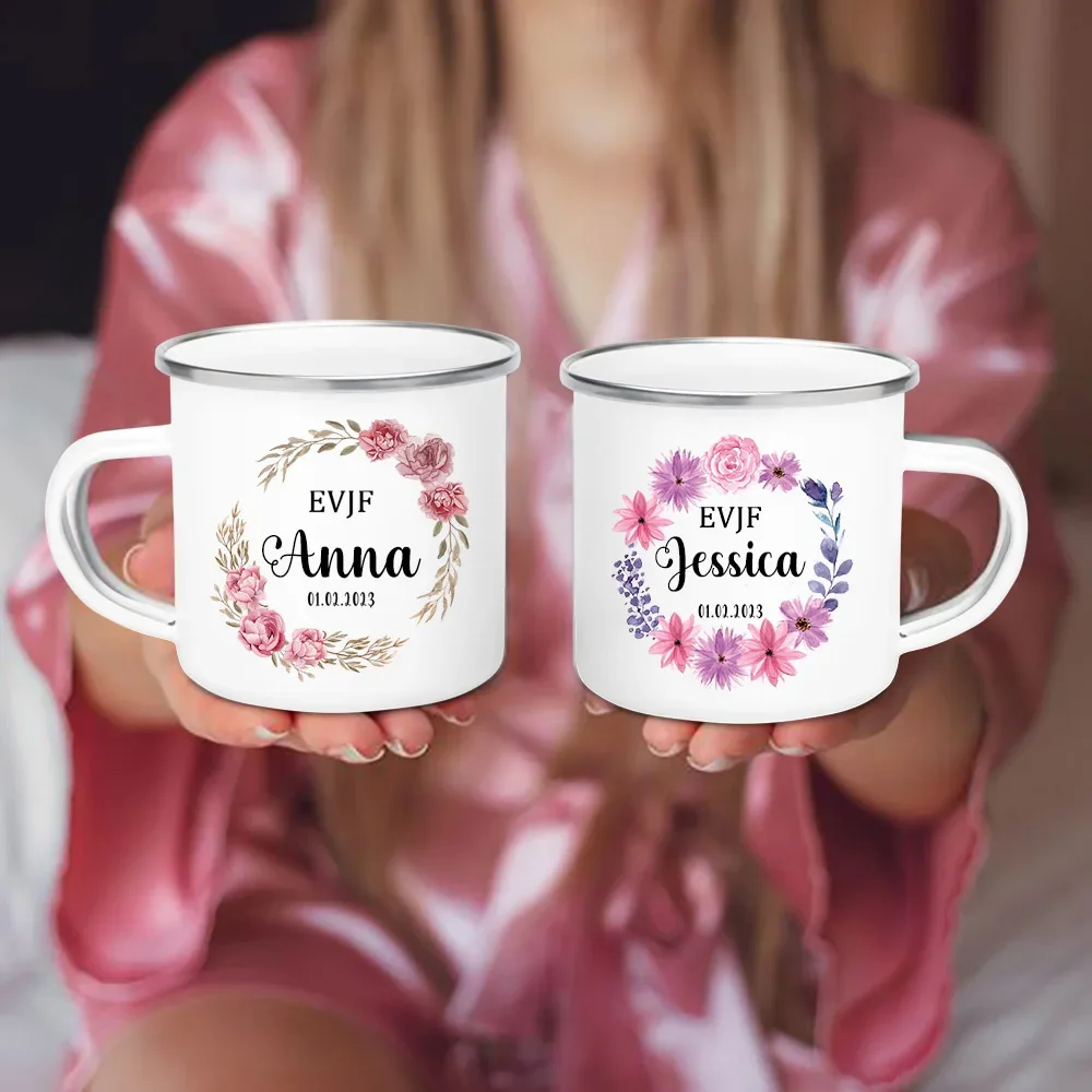 

Personal evjf Custom Name Flower Enamel Mug Bachelorette Party Coffee Mug Bridesmaid Cup Wedding Bridal Shower Bride Team Gifts