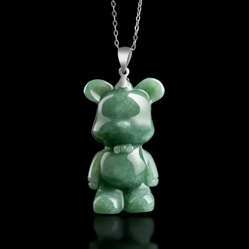 Natural Burmese Jadeite Little Bear Pendant 925 Silver Necklace Fashion Jewelry Designer Charm Amulet Gifts for Women Luxury