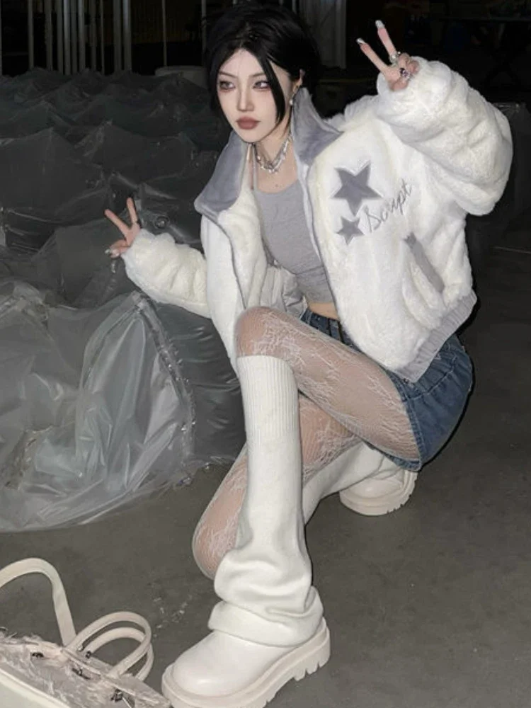 Harajuku Short Jacket Women Winter Vintage Zipper Fluffy Coat Y2k Kawaii Aesthetic Star Embroid Faux Fur Cropped Jackets White