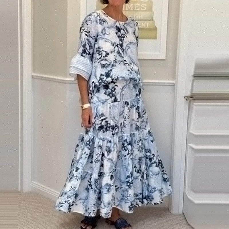 

Female Vintage Floral Print A-Line Long Dress Spring Elegant O-neck Pleated Party Dress Women 3/4 Sleeve Autumn Maxi Dress Mujer