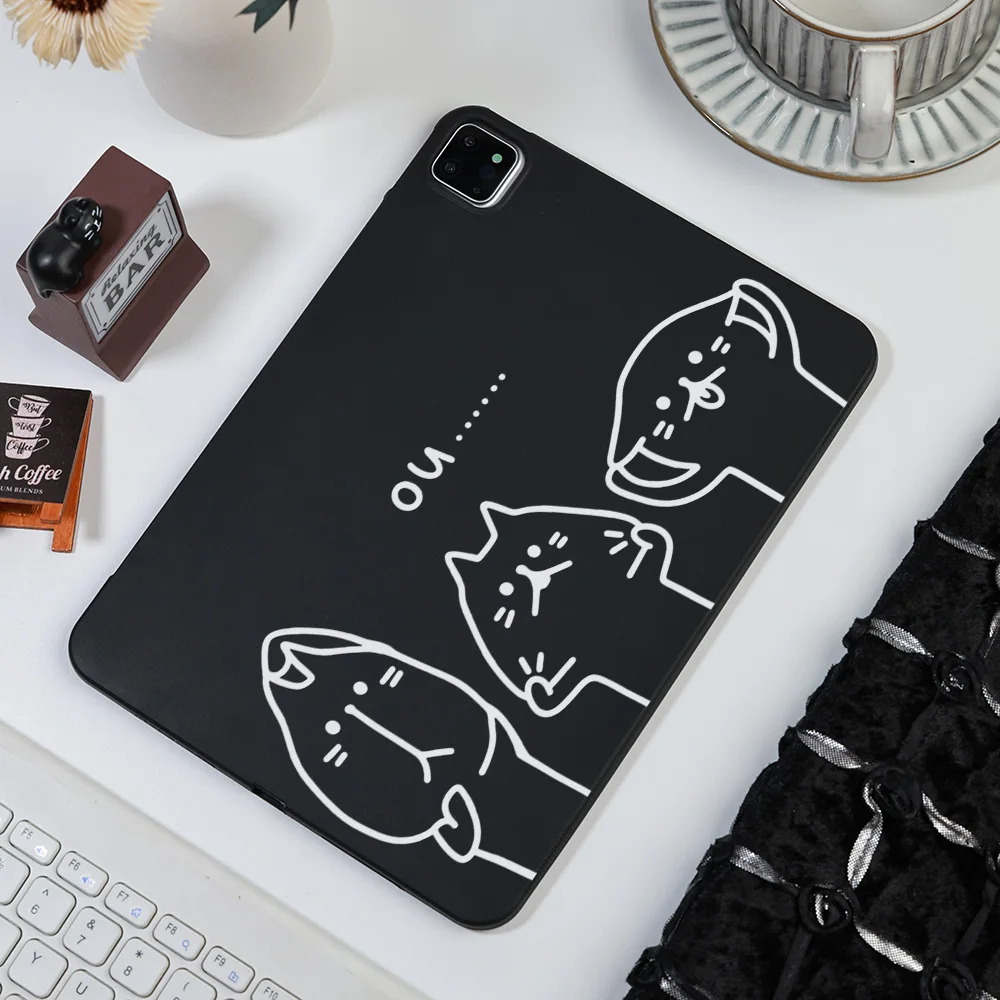 Matte Black Tablet Case with Playful Peeking Cats Design