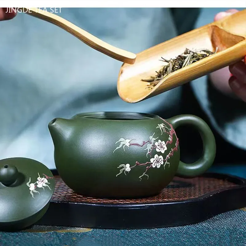 200ml Handmade Yixing Purple Clay Teapot Raw Ore Green Mud Ball Hole Filter Kettle Hand-painted Plum Blossom Xishi Tea Pot