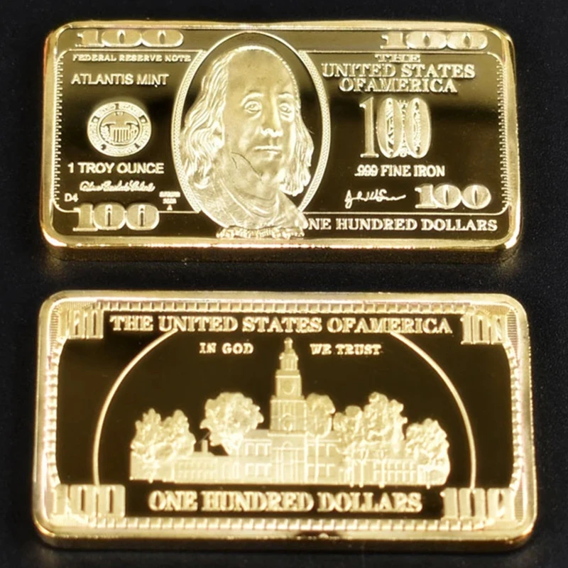 1pcs USA 100 Dollar Bullion 24k Gold Bar American Metal Coin Golden Bars USD With Gift commemorative coin