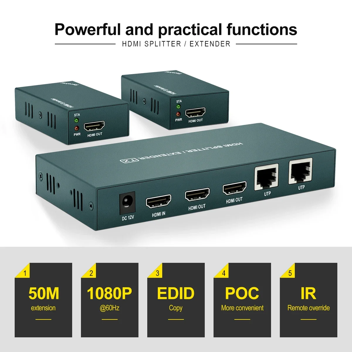 HDMI ͽٴ ø, 1x2 IR 1080P @ 60Hz,  Ĺ 5E/6/7 ̴ ̺, ƿ , EDID  POC  (1 in 2 Out), 50M