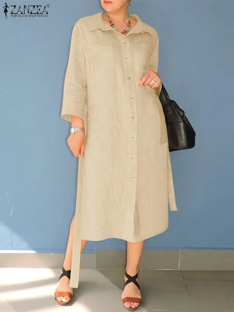 

ZANZEA Women Holiday Shirt Dresses Cotton Dress Casual Loose Long Sleeve Robe Vintage 2023 Autumn Fashion Lapel Belted Vestidos