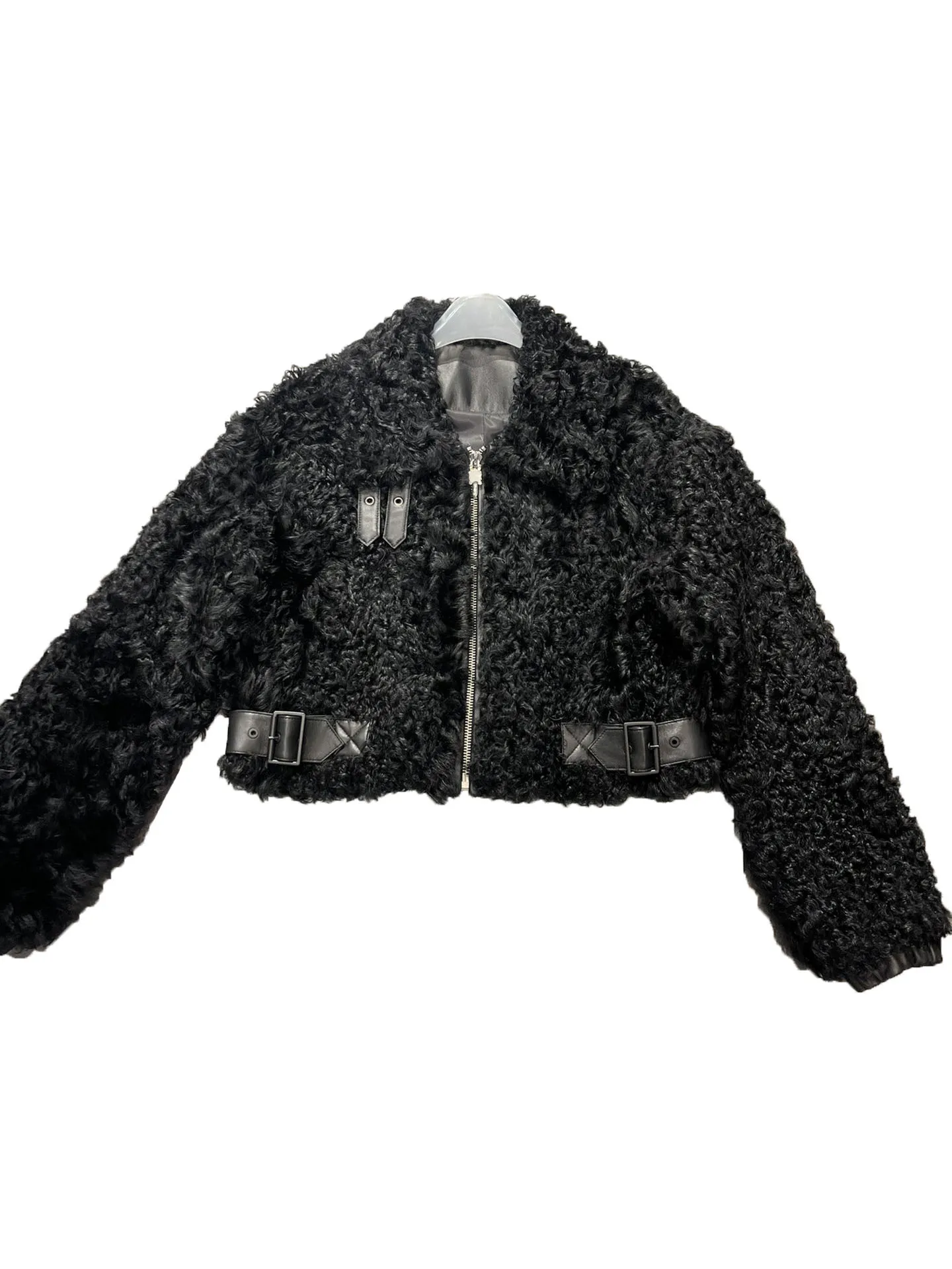 

Lamb wool jacket lapel short loose version splicing zipper design warm and cozy 2023 winter new 1204
