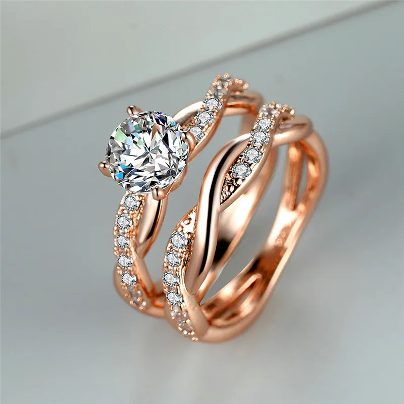 Female Crystal White Round Zircon Stone Engagement Ring Set Luxury Rose Gold Color Wedding Jewelry For Women