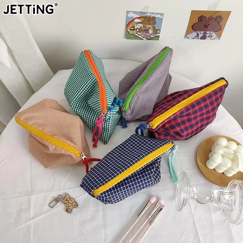 

Модная клетчатая косметичка для женщин и девушек, хлопковая и льняная сумочка для косметики на молнии, простая портативная вместительная сумка для хранения