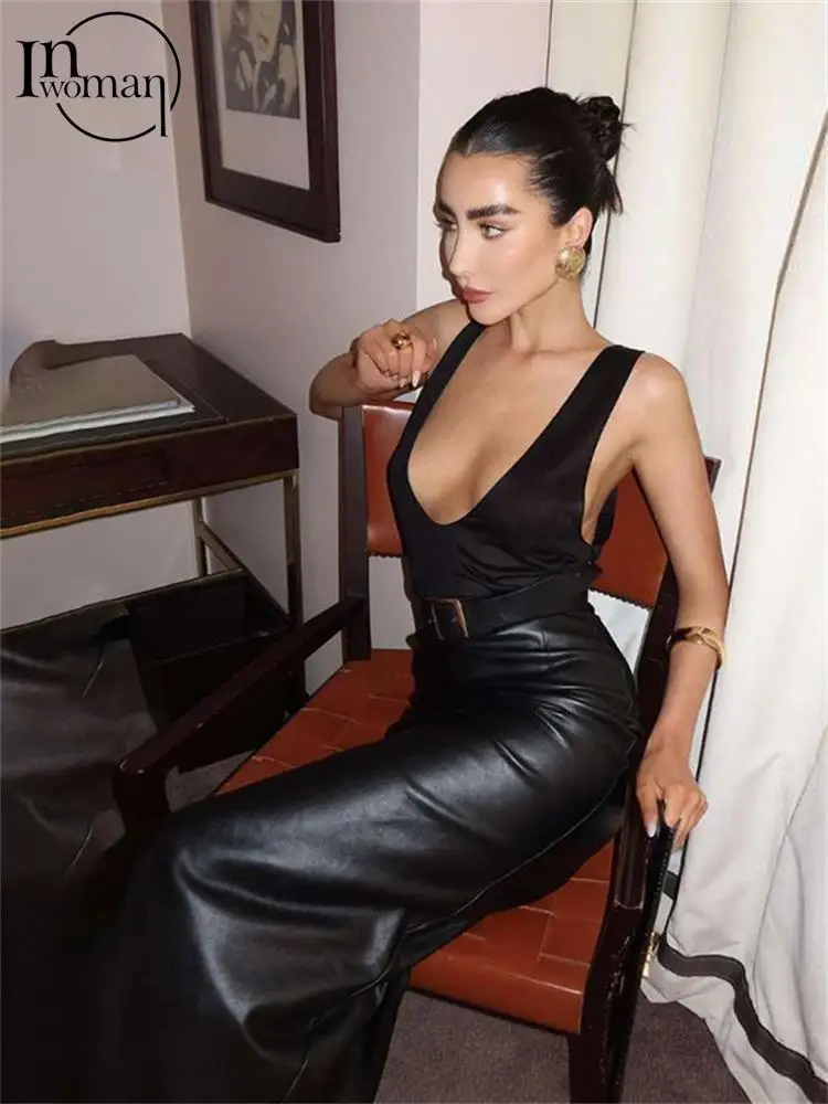 

Inwoman Winter Sexy V Neck Sleeveless Long Dress Party Outfits For Women 2023 Black PU Leather Bodycon Dress Female Club Dresses
