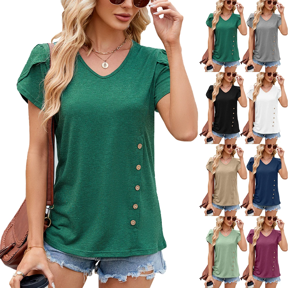 

Women Short Sleeve T Shirt Tops for Summer Solid Button V Neck